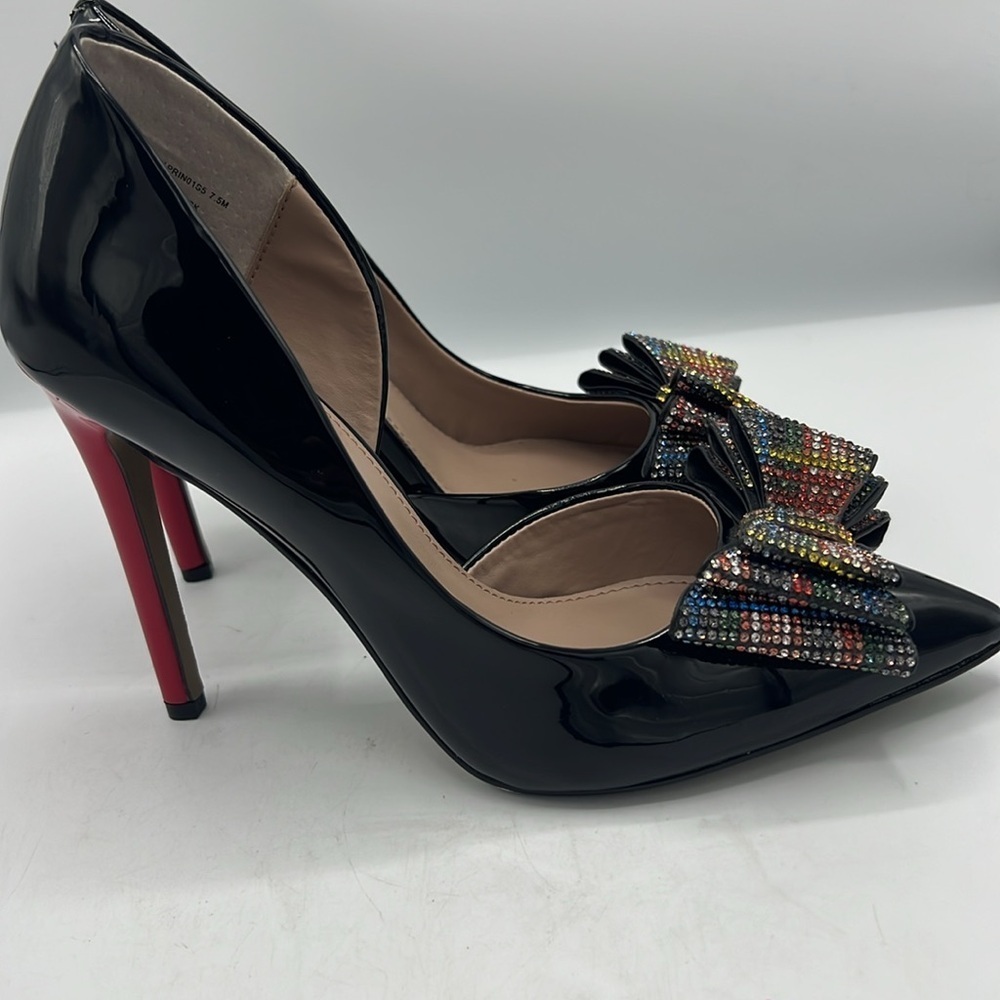 Betsey Johnson Black Patent with Red Heel and Rhinestone Bow - Picture 5 of 9